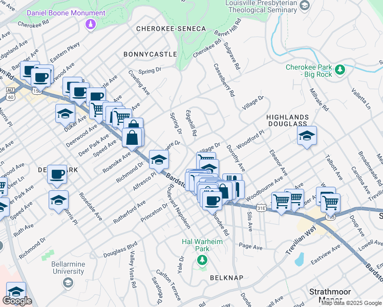map of restaurants, bars, coffee shops, grocery stores, and more near 2000 Spring Drive in Louisville