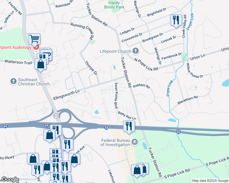 map of restaurants, bars, coffee shops, grocery stores, and more near 12521 Nursery Lane in Louisville
