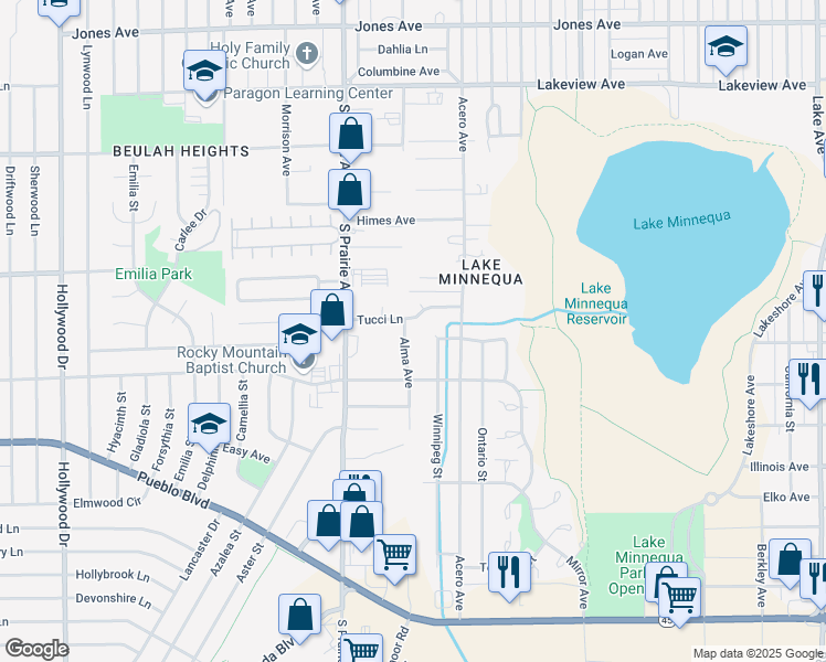 map of restaurants, bars, coffee shops, grocery stores, and more near 2317 Alma Avenue in Pueblo