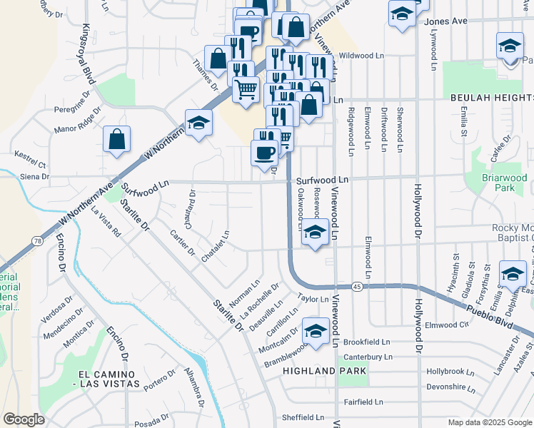 map of restaurants, bars, coffee shops, grocery stores, and more near 2118 Norman Lane in Pueblo