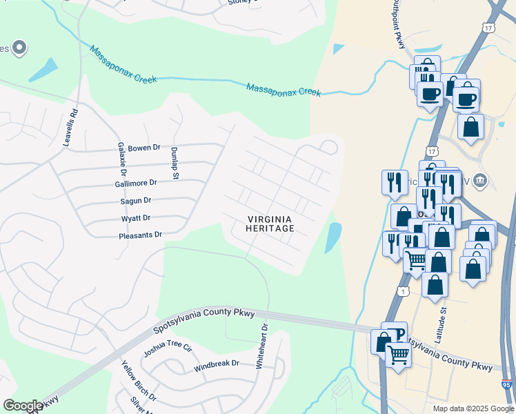 map of restaurants, bars, coffee shops, grocery stores, and more near 5505 West Rich Mountain Way in Fredericksburg