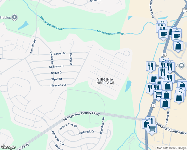 map of restaurants, bars, coffee shops, grocery stores, and more near 5516 West Rich Mountain Way in Fredericksburg