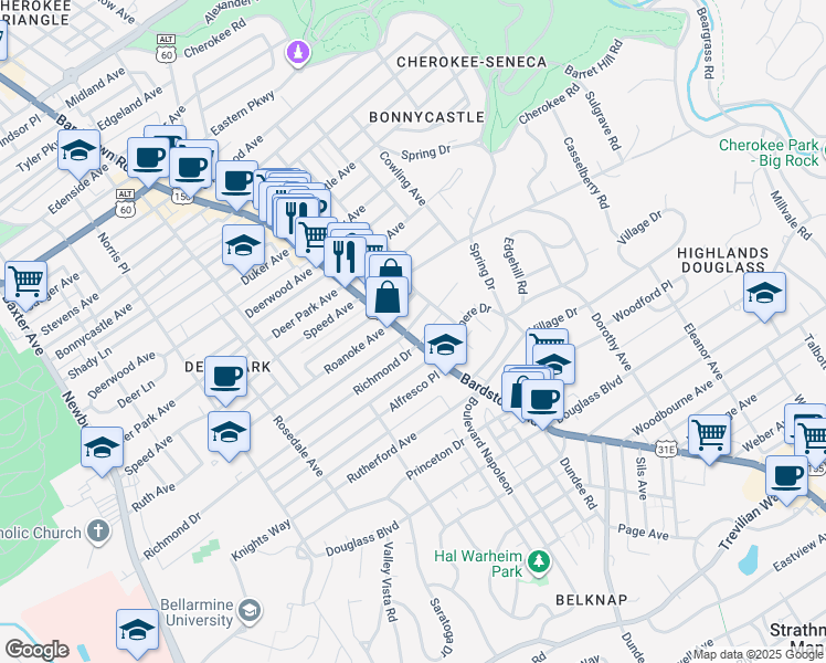 map of restaurants, bars, coffee shops, grocery stores, and more near 1823 Bardstown Road in Louisville
