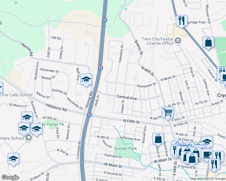 map of restaurants, bars, coffee shops, grocery stores, and more near 809 Valentine St in Festus