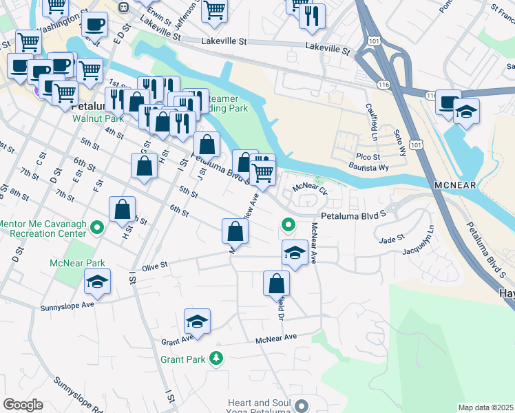 map of restaurants, bars, coffee shops, grocery stores, and more near 15 Grandview Avenue in Petaluma