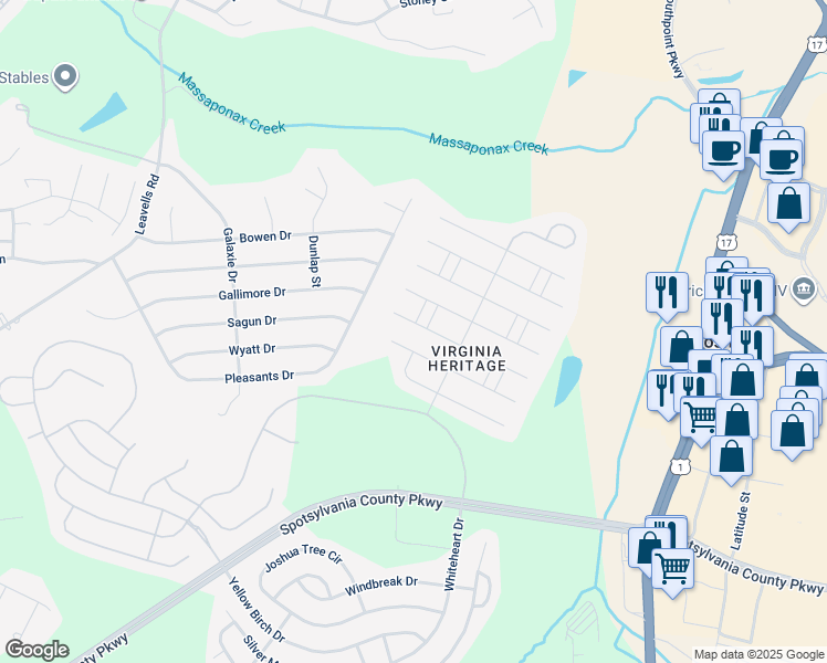 map of restaurants, bars, coffee shops, grocery stores, and more near 5516 West Rich Mountain Way in Fredericksburg