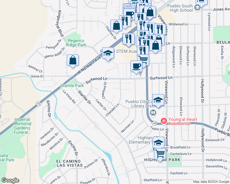 map of restaurants, bars, coffee shops, grocery stores, and more near 7 Chautard Court in Pueblo