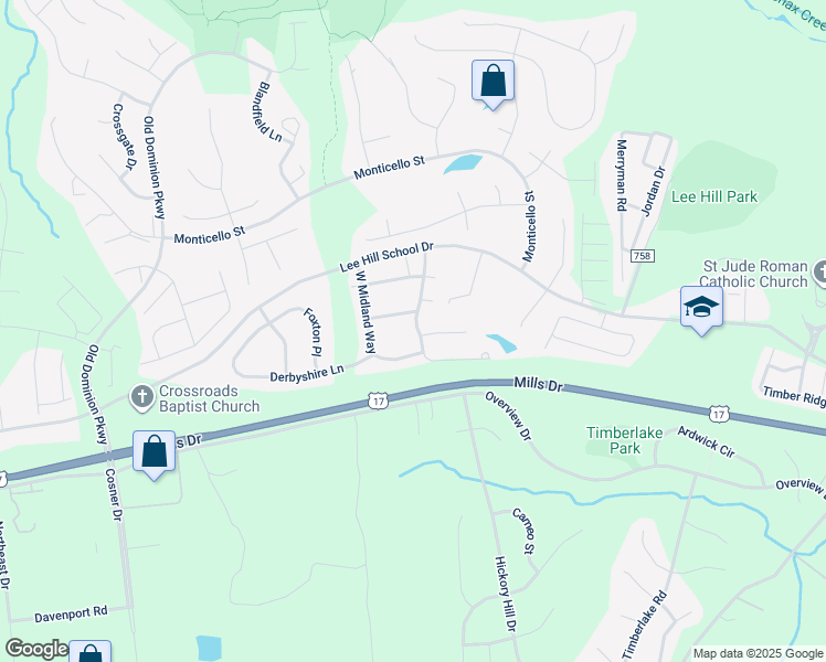 map of restaurants, bars, coffee shops, grocery stores, and more near 9820 Coventry Creek Drive in Fredericksburg