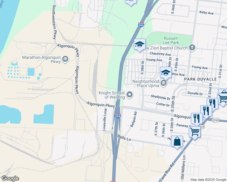 map of restaurants, bars, coffee shops, grocery stores, and more near 2008 South 40th Street in Louisville