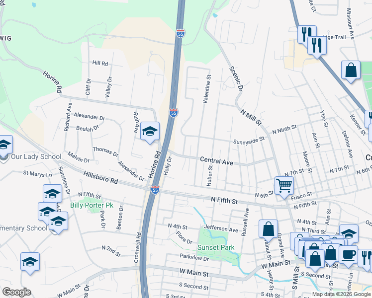 map of restaurants, bars, coffee shops, grocery stores, and more near 806 Virginia Avenue in Festus