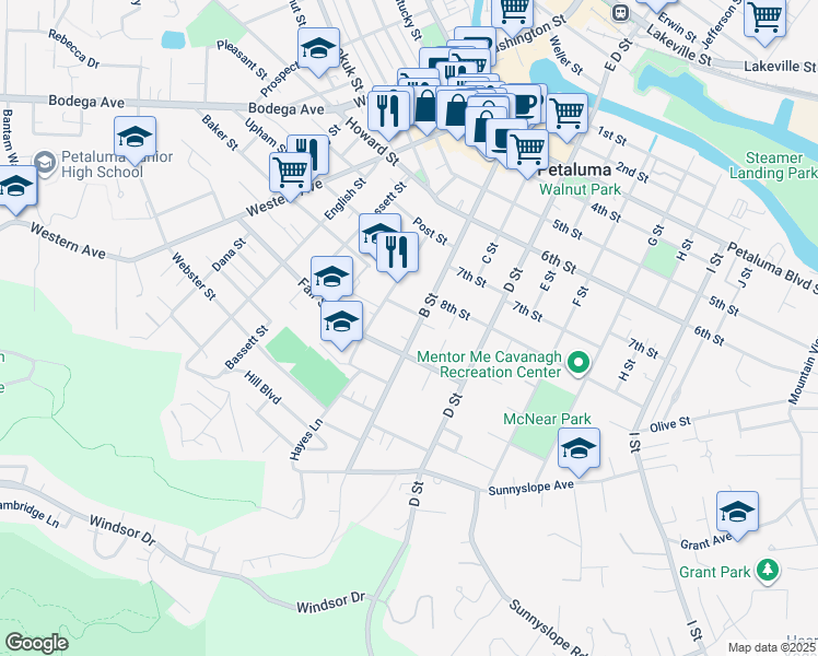 map of restaurants, bars, coffee shops, grocery stores, and more near 810 B Street in Petaluma