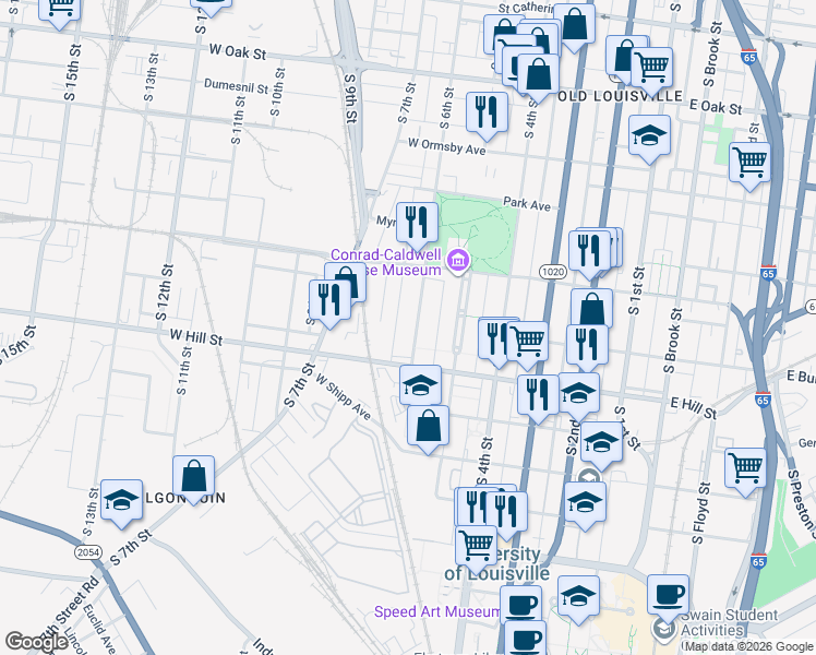 map of restaurants, bars, coffee shops, grocery stores, and more near 1452 South 6th Street in Louisville