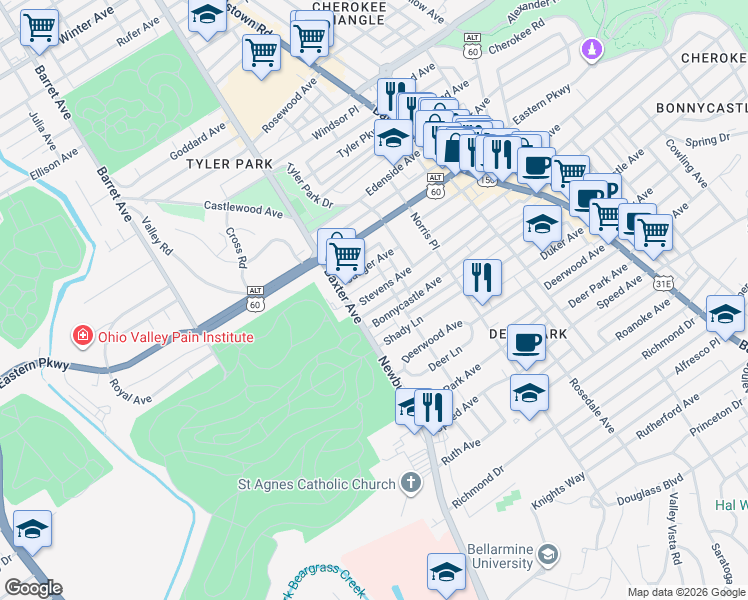 map of restaurants, bars, coffee shops, grocery stores, and more near 1616 Stevens Avenue in Louisville