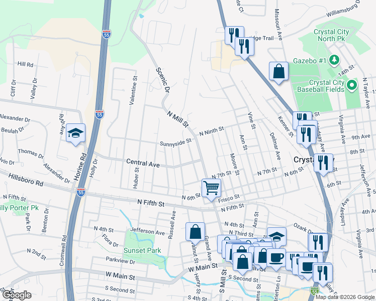 map of restaurants, bars, coffee shops, grocery stores, and more near 821 Woodland Avenue in Festus