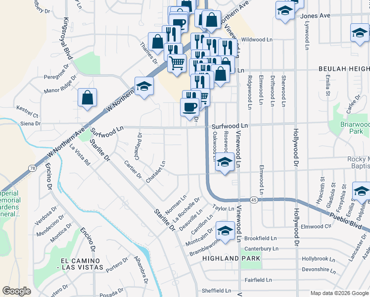 map of restaurants, bars, coffee shops, grocery stores, and more near 2118 Norman Lane in Pueblo
