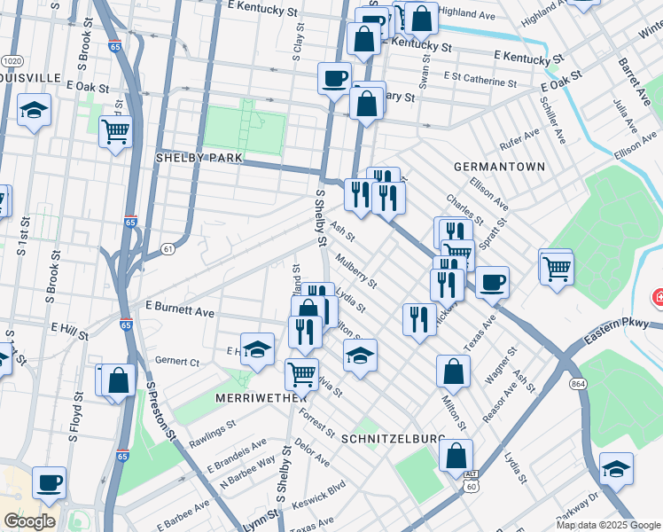 map of restaurants, bars, coffee shops, grocery stores, and more near 1415 South Shelby Street in Louisville