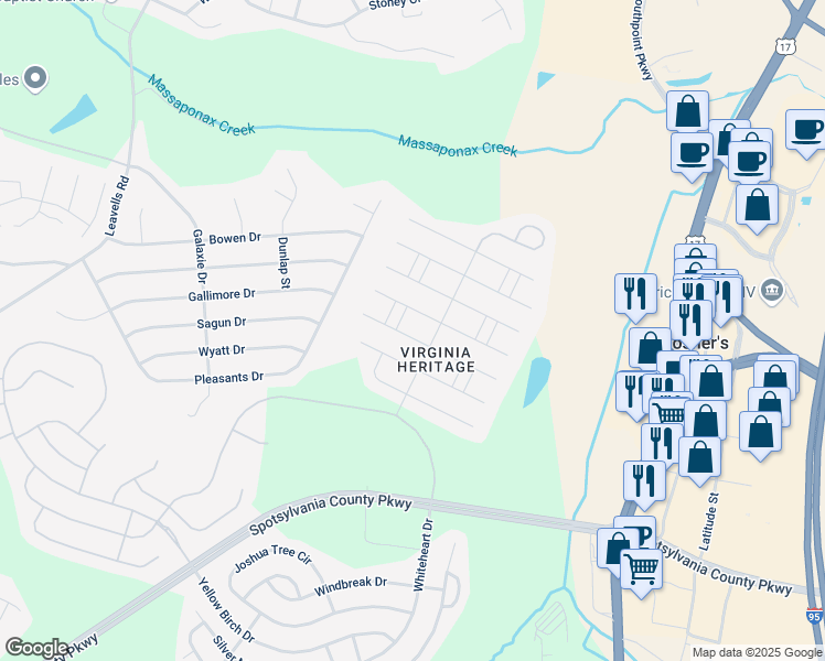map of restaurants, bars, coffee shops, grocery stores, and more near 5507 West Rich Mountain Way in Fredericksburg