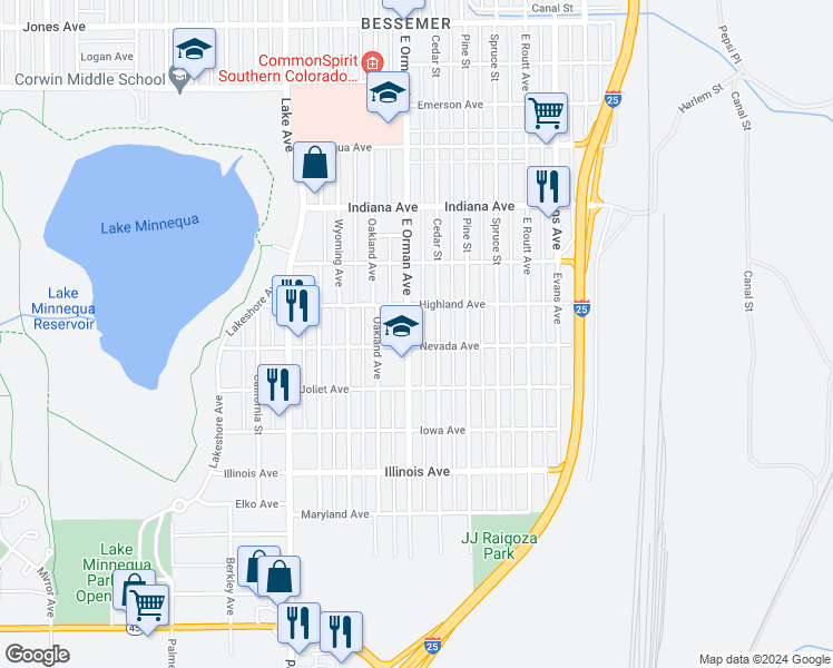 map of restaurants, bars, coffee shops, grocery stores, and more near 2324 East Orman Avenue in Pueblo