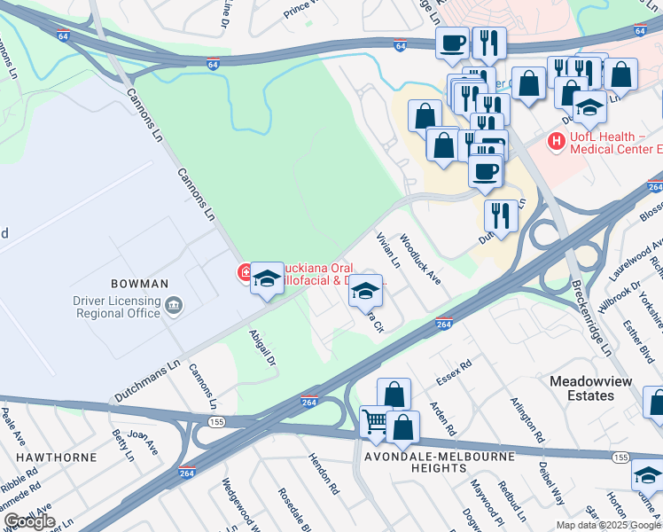 map of restaurants, bars, coffee shops, grocery stores, and more near Dutchmans Lane in Louisville