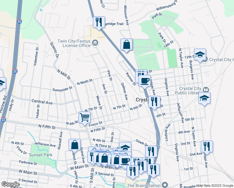 map of restaurants, bars, coffee shops, grocery stores, and more near 802 Vine Street in Festus