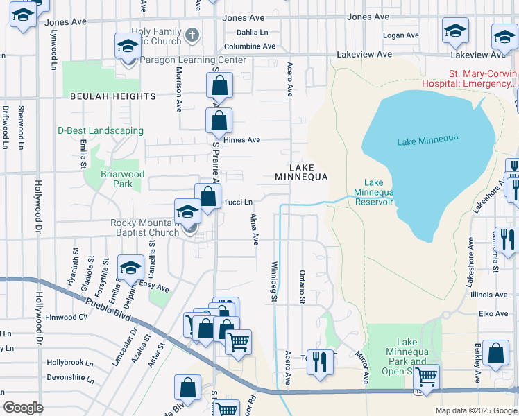 map of restaurants, bars, coffee shops, grocery stores, and more near 2314 Alma Avenue in Pueblo