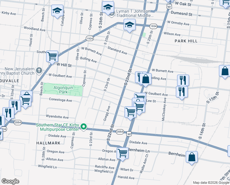 map of restaurants, bars, coffee shops, grocery stores, and more near 2107 West Lee Street in Louisville