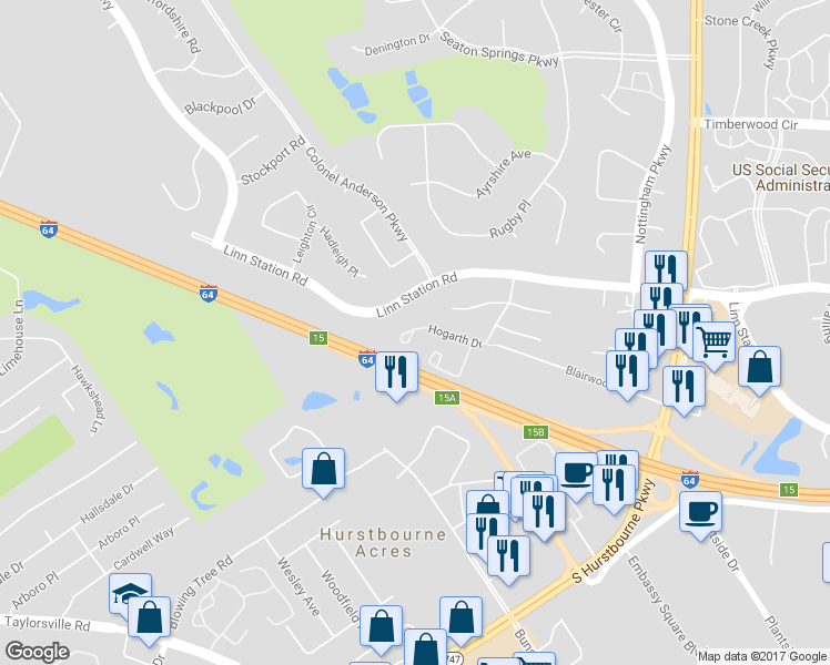 map of restaurants, bars, coffee shops, grocery stores, and more near 1247 Hogarth Drive in Hurstbourne