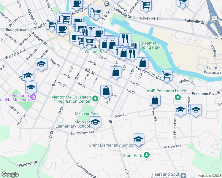 map of restaurants, bars, coffee shops, grocery stores, and more near 519 7th Street in Petaluma