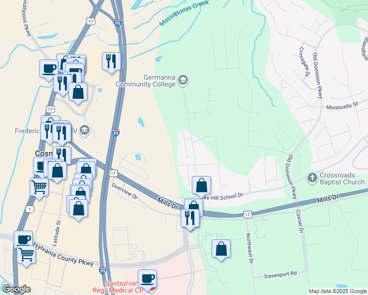 map of restaurants, bars, coffee shops, grocery stores, and more near 9918 Matti Hill Court in Fredericksburg