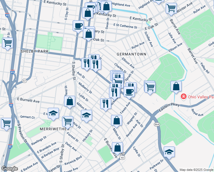 map of restaurants, bars, coffee shops, grocery stores, and more near 1314 Hoertz Avenue in Louisville