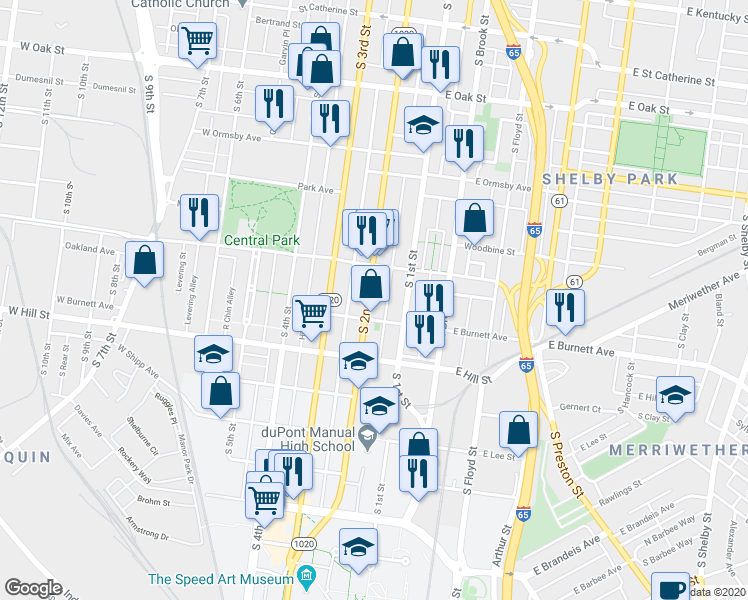 map of restaurants, bars, coffee shops, grocery stores, and more near 1435 South 2nd Street in Louisville