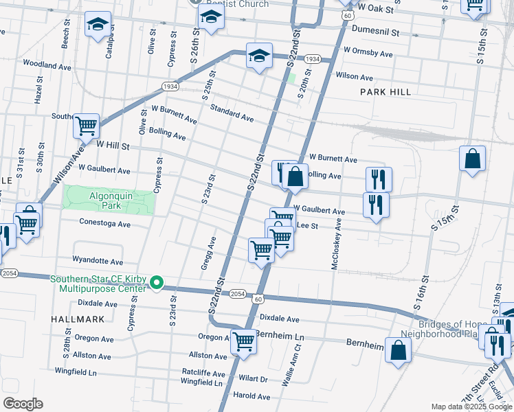 map of restaurants, bars, coffee shops, grocery stores, and more near 1830 West Gaulbert Avenue in Louisville