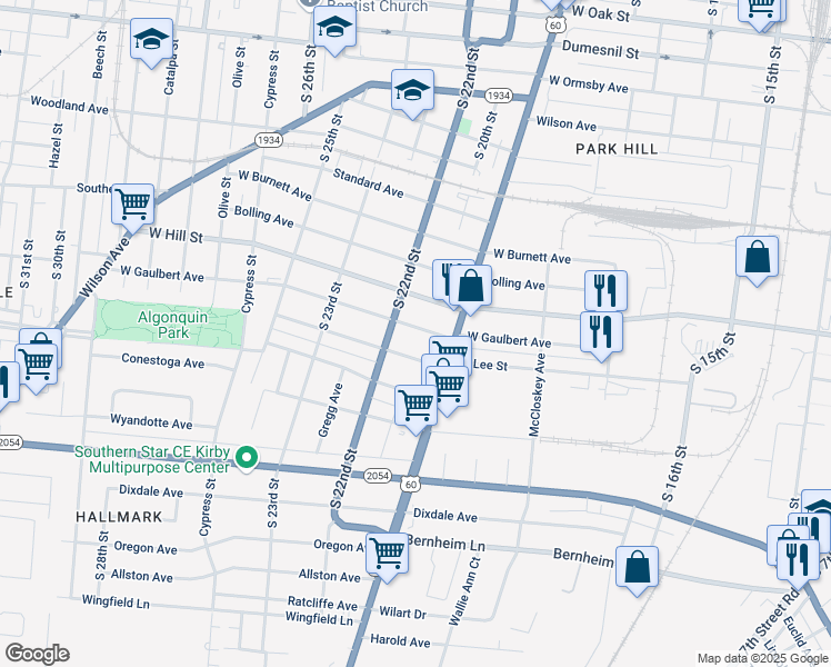 map of restaurants, bars, coffee shops, grocery stores, and more near 1830 West Gaulbert Avenue in Louisville
