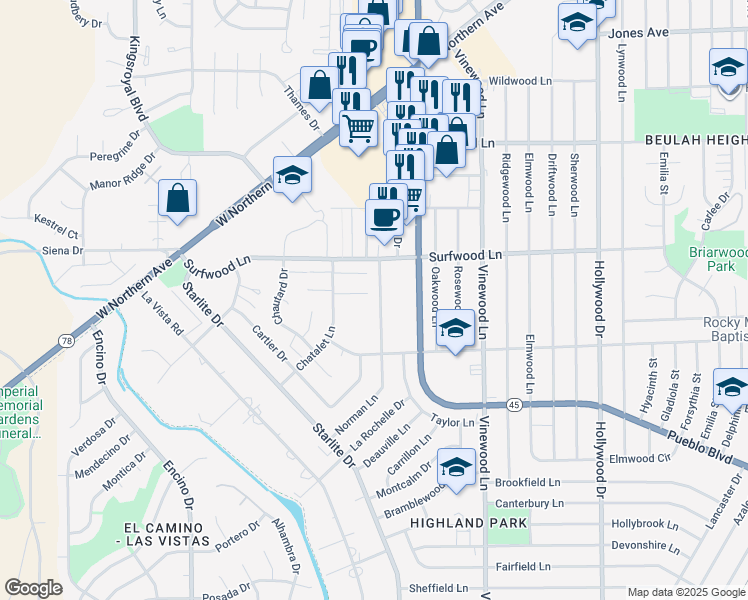 map of restaurants, bars, coffee shops, grocery stores, and more near 2118 Norman Lane in Pueblo