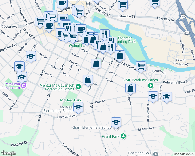 map of restaurants, bars, coffee shops, grocery stores, and more near 519 7th Street in Petaluma
