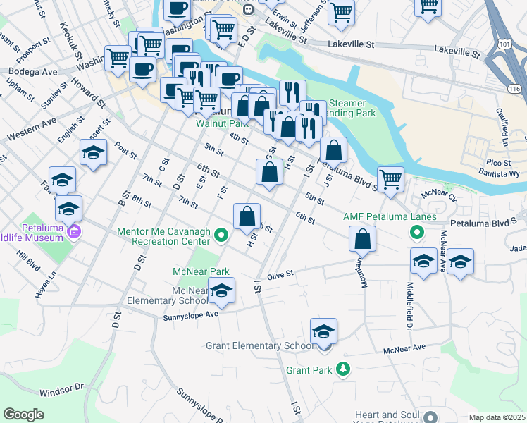 map of restaurants, bars, coffee shops, grocery stores, and more near 519 7th Street in Petaluma