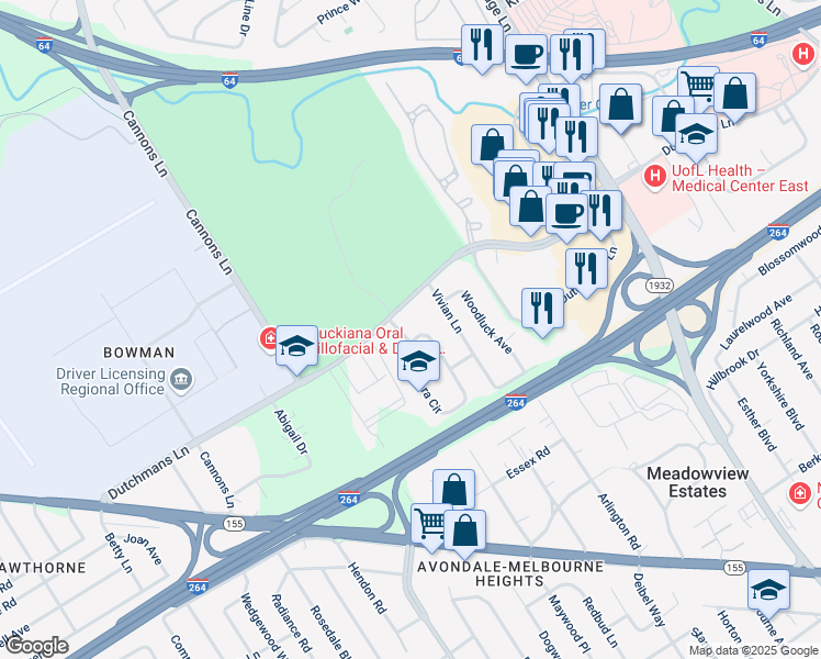 map of restaurants, bars, coffee shops, grocery stores, and more near 5812 Dutchmans Lane in Louisville