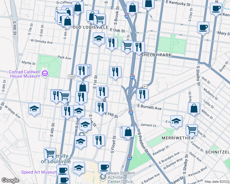 map of restaurants, bars, coffee shops, grocery stores, and more near 1420 South Floyd Street in Louisville