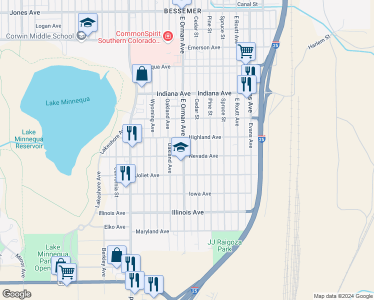 map of restaurants, bars, coffee shops, grocery stores, and more near 2322 East Orman Avenue in Pueblo