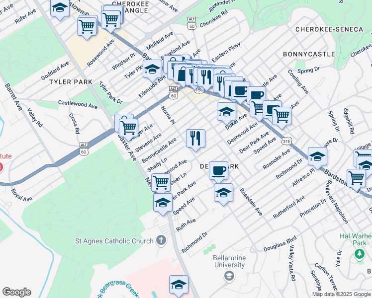 map of restaurants, bars, coffee shops, grocery stores, and more near 1752 Shady Lane in Louisville