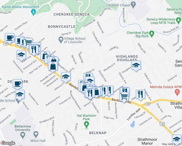 map of restaurants, bars, coffee shops, grocery stores, and more near 2114 Village Drive in Louisville