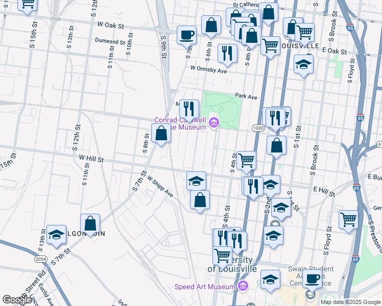 map of restaurants, bars, coffee shops, grocery stores, and more near 1450 South 6th Street in Louisville