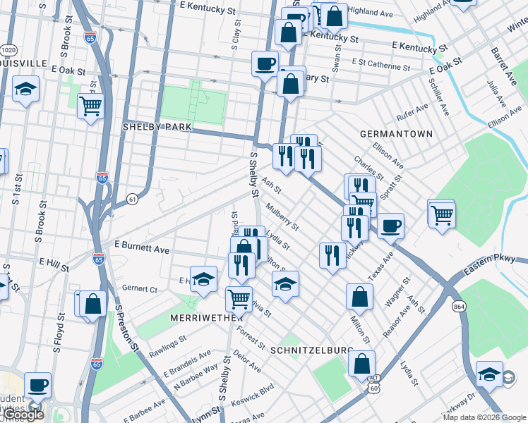 map of restaurants, bars, coffee shops, grocery stores, and more near 1415 South Shelby Street in Louisville
