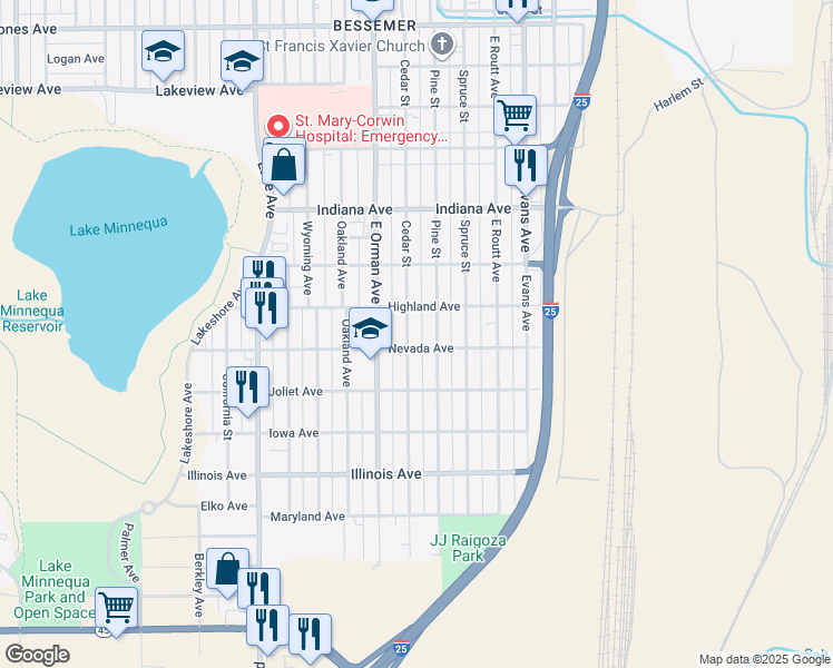 map of restaurants, bars, coffee shops, grocery stores, and more near 2328 Cedar Street in Pueblo