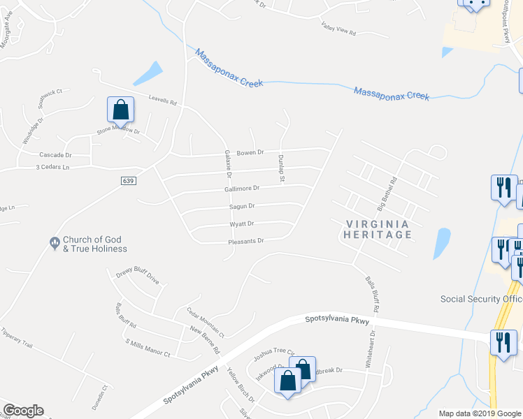 map of restaurants, bars, coffee shops, grocery stores, and more near 210 Sagun Drive in Fredericksburg