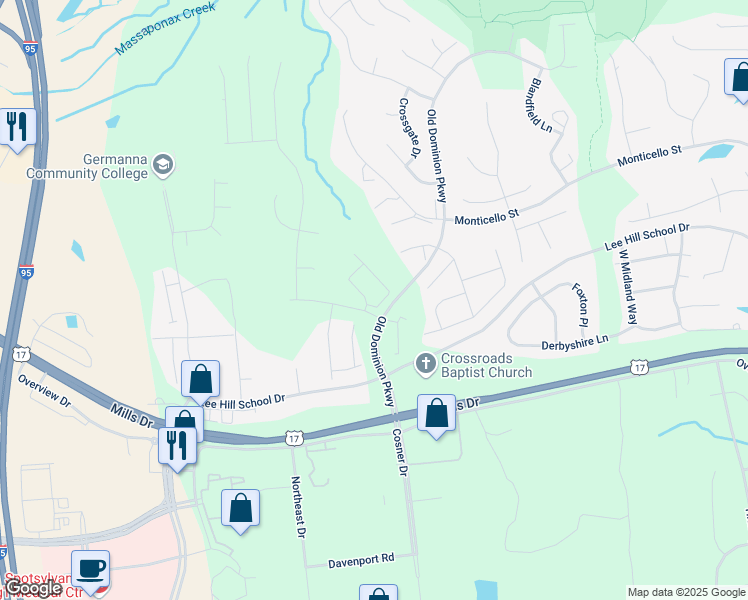 map of restaurants, bars, coffee shops, grocery stores, and more near 9915 Dominion Forest Circle in Fredericksburg