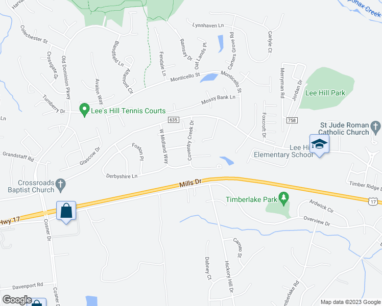 map of restaurants, bars, coffee shops, grocery stores, and more near 3945 Saint Michaels Square in Fredericksburg