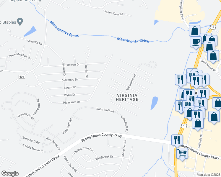 map of restaurants, bars, coffee shops, grocery stores, and more near 5520 West Rich Mountain Way in Fredericksburg