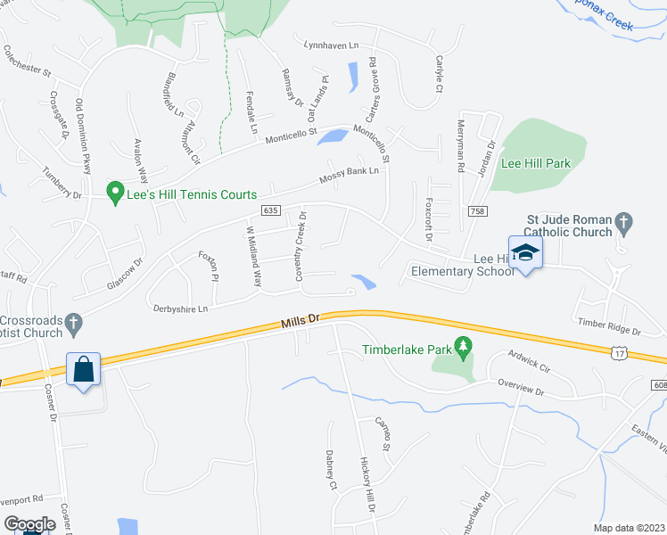 map of restaurants, bars, coffee shops, grocery stores, and more near 3903 Saint Michaels Square in Fredericksburg