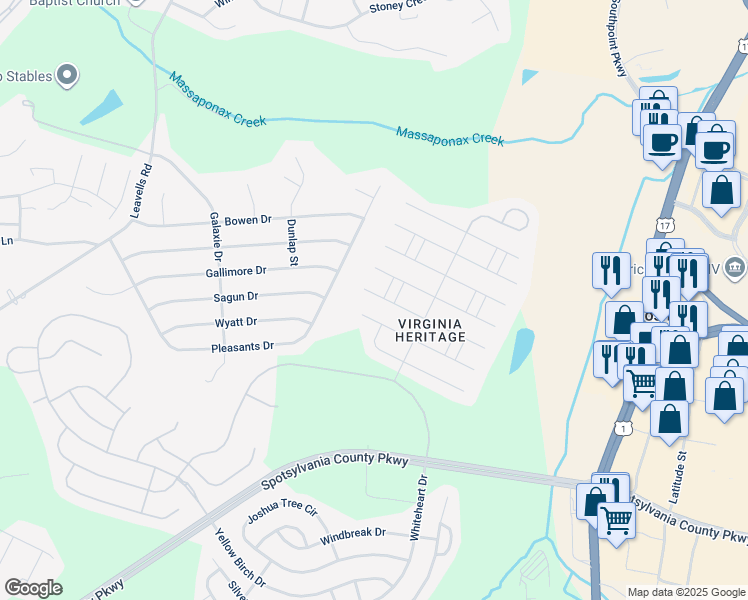 map of restaurants, bars, coffee shops, grocery stores, and more near 5520 West Rich Mountain Way in Fredericksburg